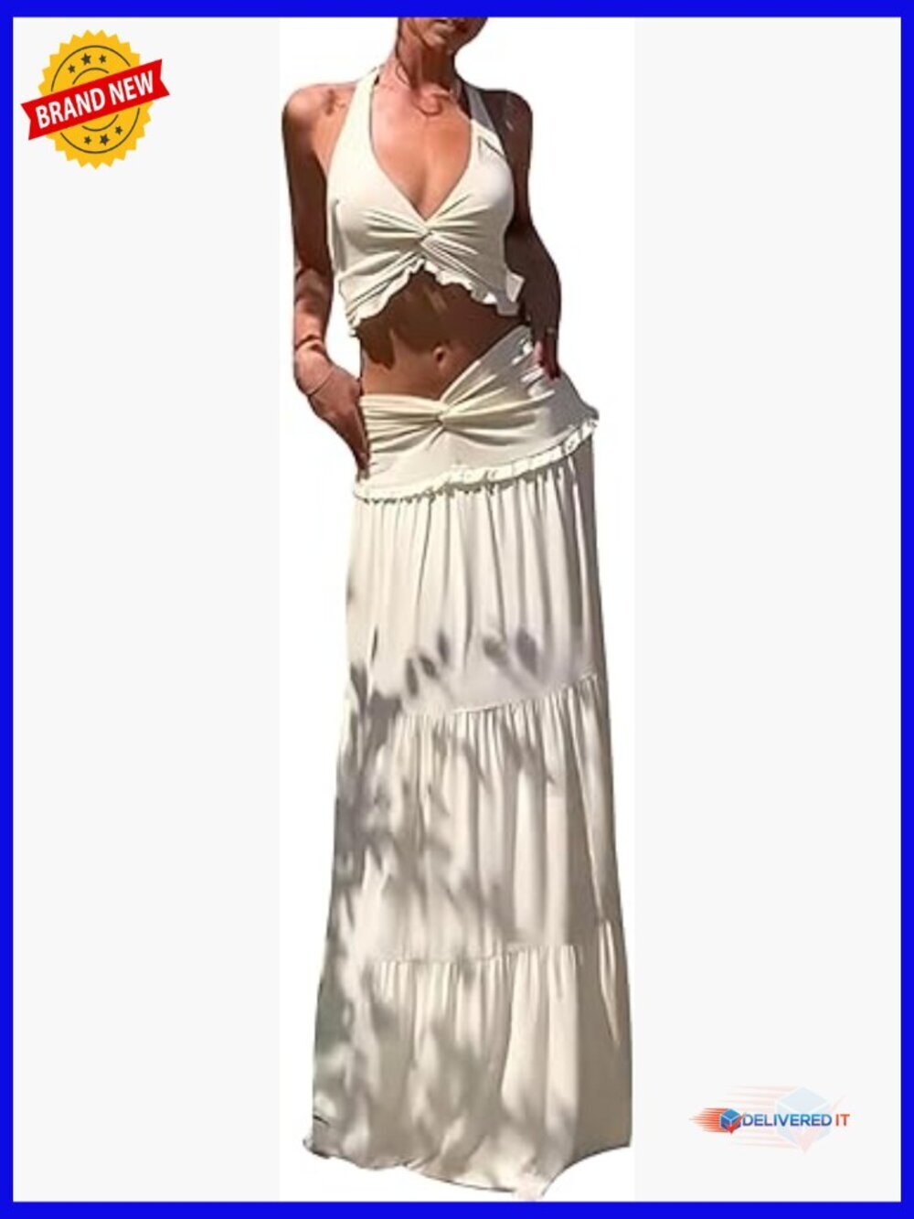 Y2K Halter V Neck 2 Piece Ruffle Maxi Skirt Set Summer